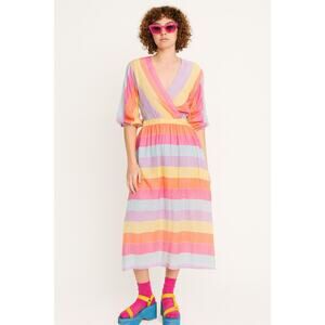 Tara Jarmon Rainbow Stripe Midi Dress Small Dopamine Dressing Parisian Pastel